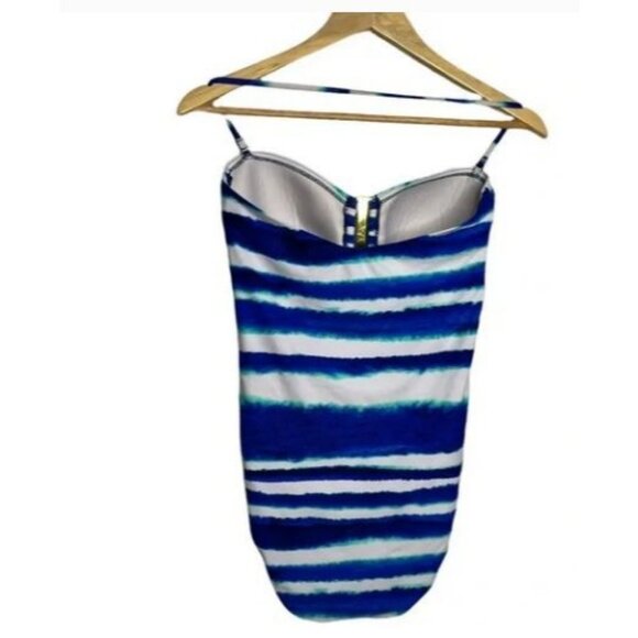 La Blanca One Piece White Blue Bandeau Cupped Ruched Swimsuit Size 10 - Picture 3 of 11